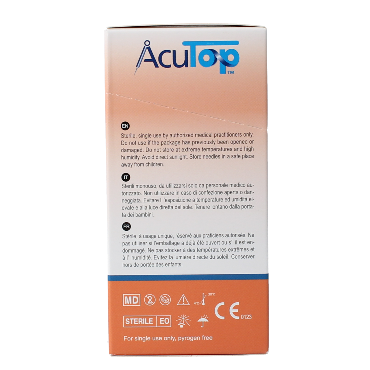 AcuTop KJ-T dry needle lancet with 0.30mm x 50mm size, displayed in a row for blood sampling or testing.