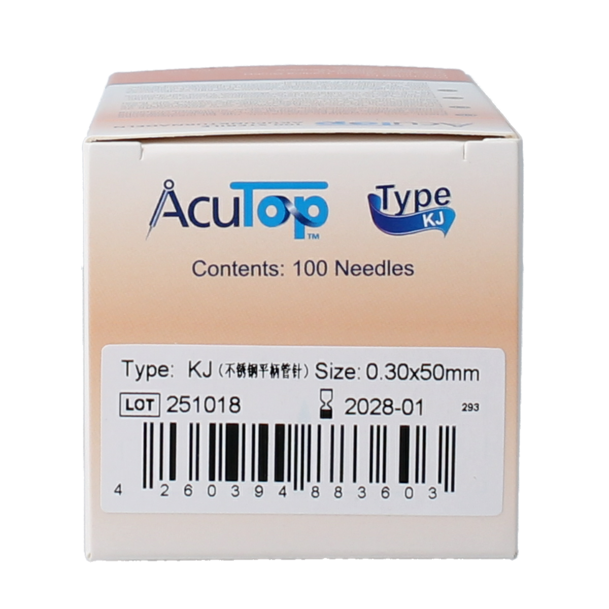 AcuTop KJ-T dry needle lancet with 0.30mm diameter and 50mm length, shown in a pack of 100 for blood sampling.