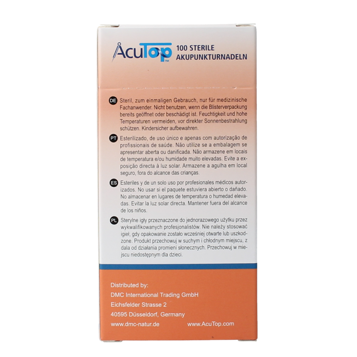 AcuTop KJ-T dry needle lancets with 0.30mm diameter, 50mm length, shown in a box of 100 sterile lancets.