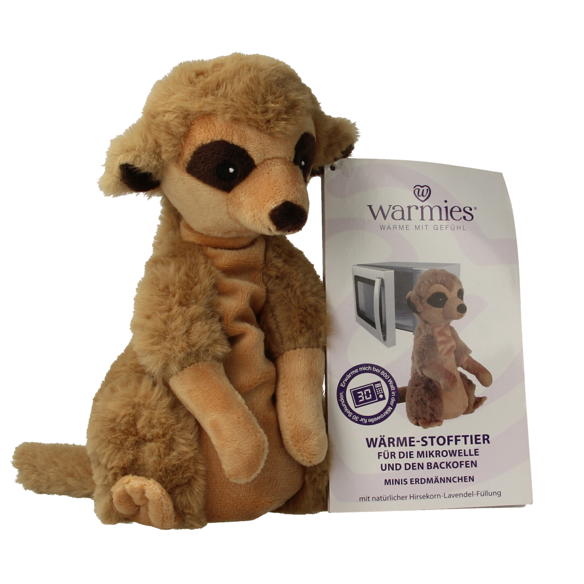 Warmies mini stokstaartje kruiken in beige, soft fabric with detailed animal features, ideal for comforting warmth.