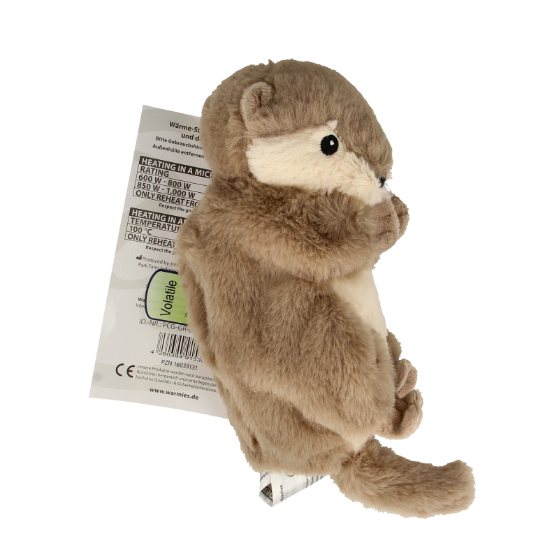 Warmies Mini otter heating pad in the shape of a cute otter, soft plush fabric, designed for comfort and warmth.