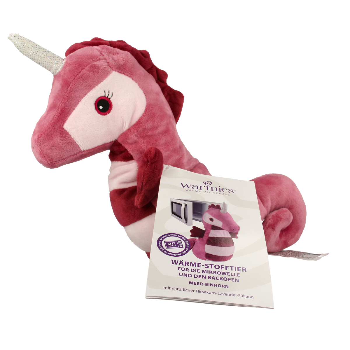 Warmies Zeepaard heat pack, soft plush fabric, designed as a cute sea horse-shaped hot water bottle for soothing warmth.