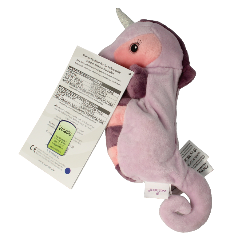 Warmies Mini Zee Eenhoorn plush toy, soft and cuddly unicorn from the Warmies brand, shown in a playful pose.
