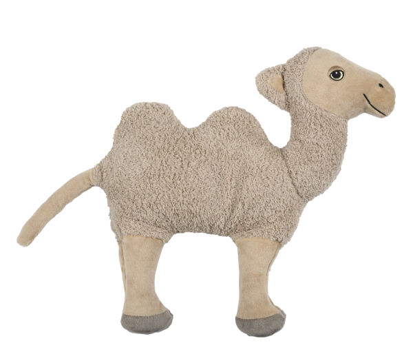 Warmies Kameel kruik with plush fabric and embroidered features, designed for warmth and comfort.
