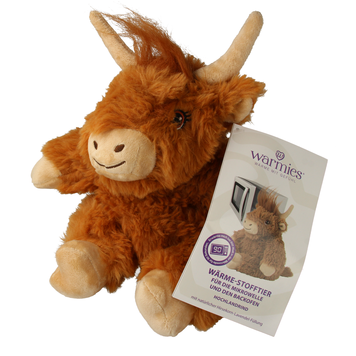 Warmies Schotse hooglander plush toy, soft stuffed animal from Warmies, with detailed Highland cattle design and textured fur.