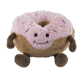 Warmies donut-shaped hot water bottle with a cozy fabric cover, designed for soothing warmth and comfort.