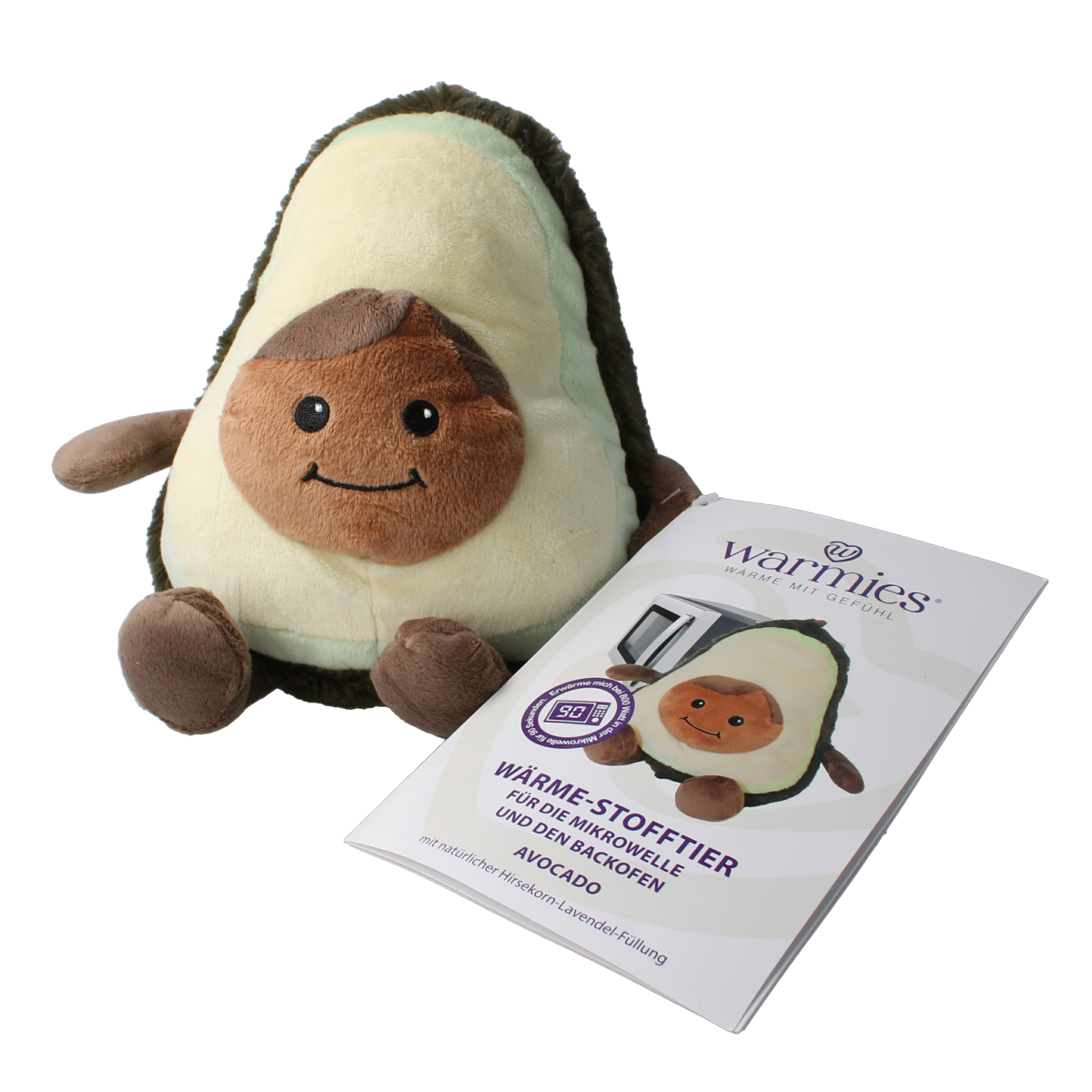 Warmies avocado-shaped heatable kruiken, soft plush cover, designed for soothing warmth and comfort.