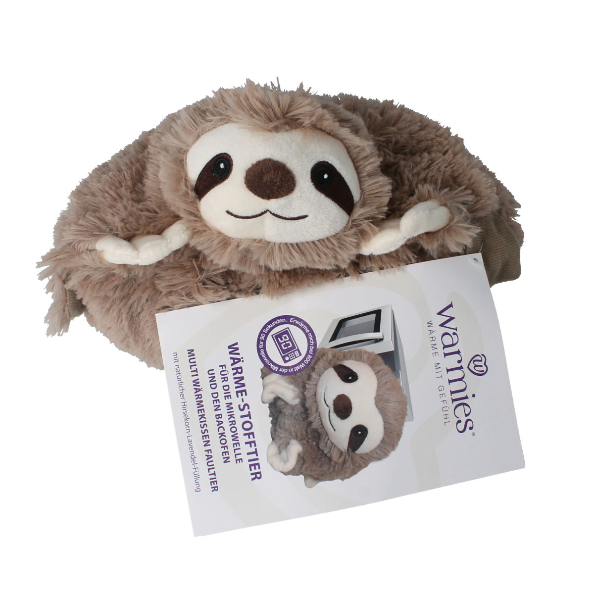 Warmies luiaard kruiken, soft plush toy with heating features, designed for comfort and warmth, shown in the product image.