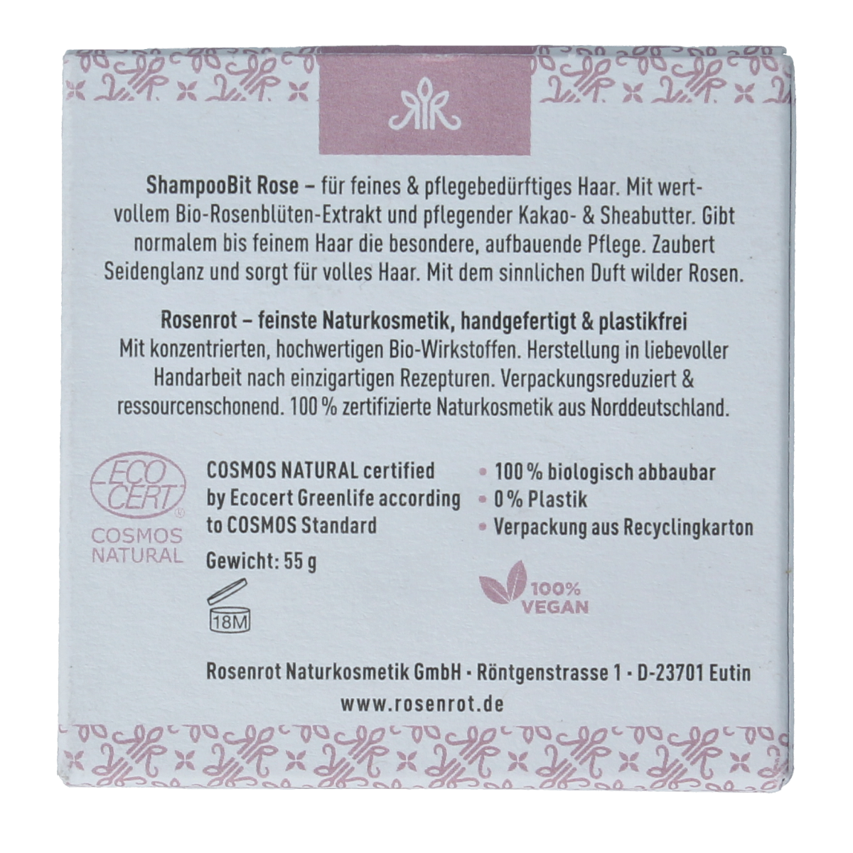 Rosenrot Solid Shampoo Rose bar, 55g, natural hair care product with a rose scent, shown in a close-up image.