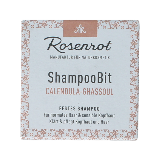 Solid Rosenrot Calendula and Ghassoul Shampoo bar for hair care, shown in a 55g package with natural ingredients.