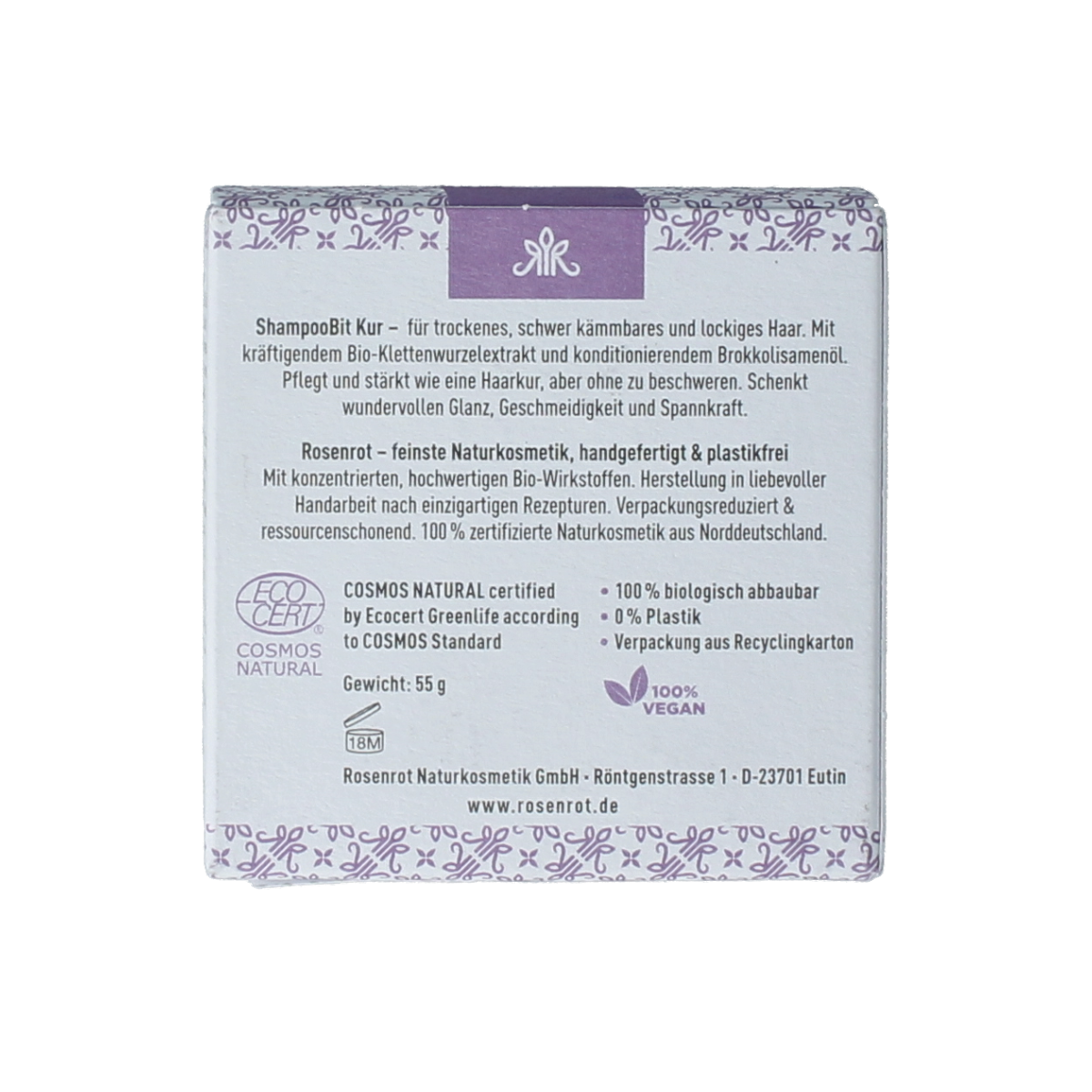 Rosenrot Solid shampoo bar, 55g, for hair care, with natural ingredients, shown in the image.