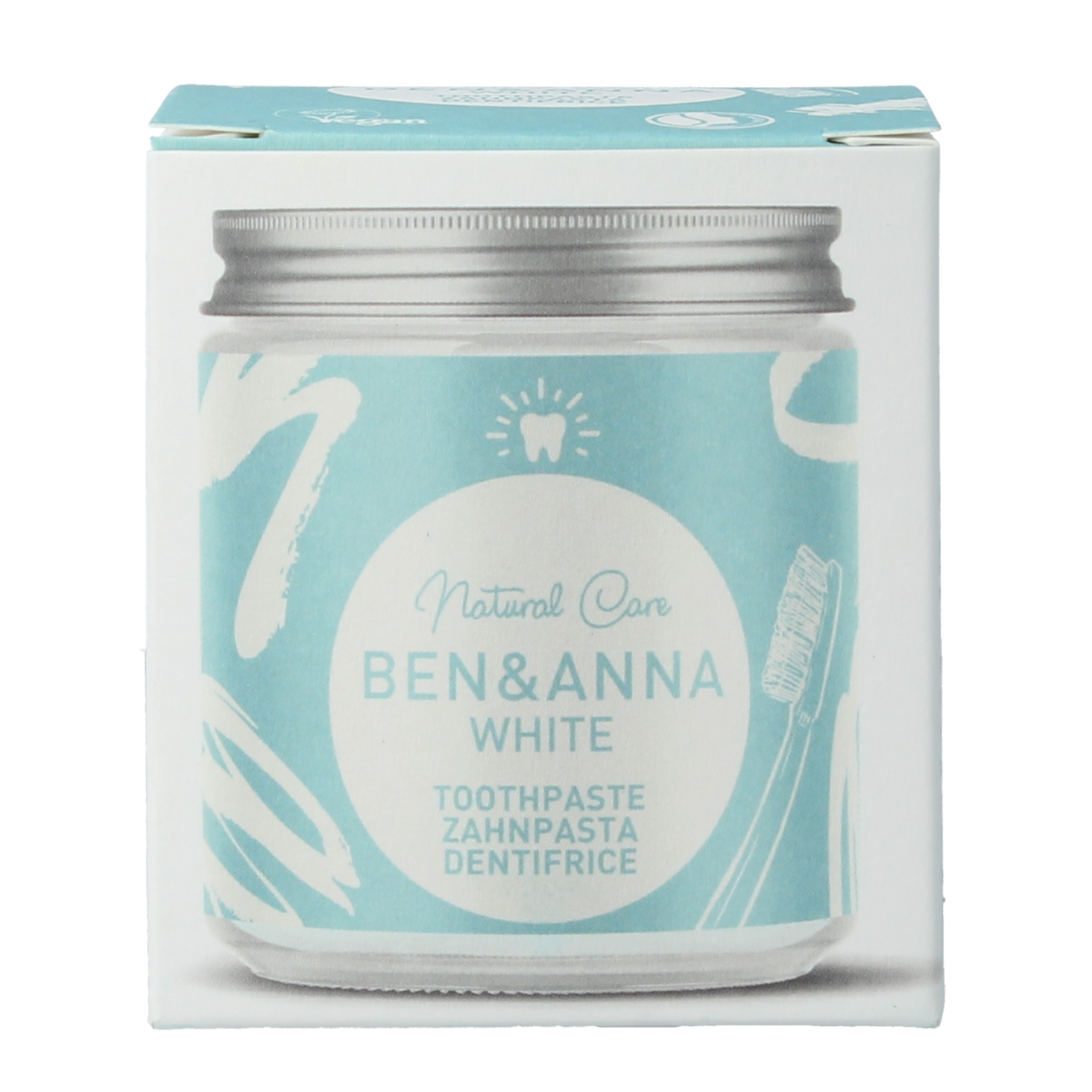 Ben & Anna whitening toothpaste in a 100ml tube, featuring natural ingredients and a clean, eco-friendly packaging.