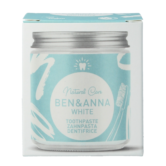 Ben & Anna whitening toothpaste in a 100ml tube, featuring natural ingredients and a clean, eco-friendly packaging.