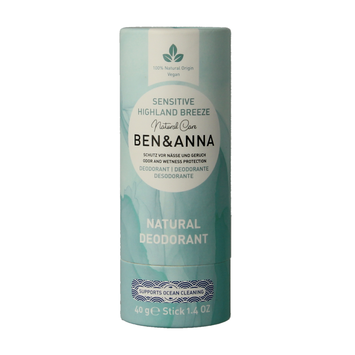 Ben & Anna Highland Breeze sensitive deodorant in a paper tube, 40g, featuring natural ingredients and fresh scent.