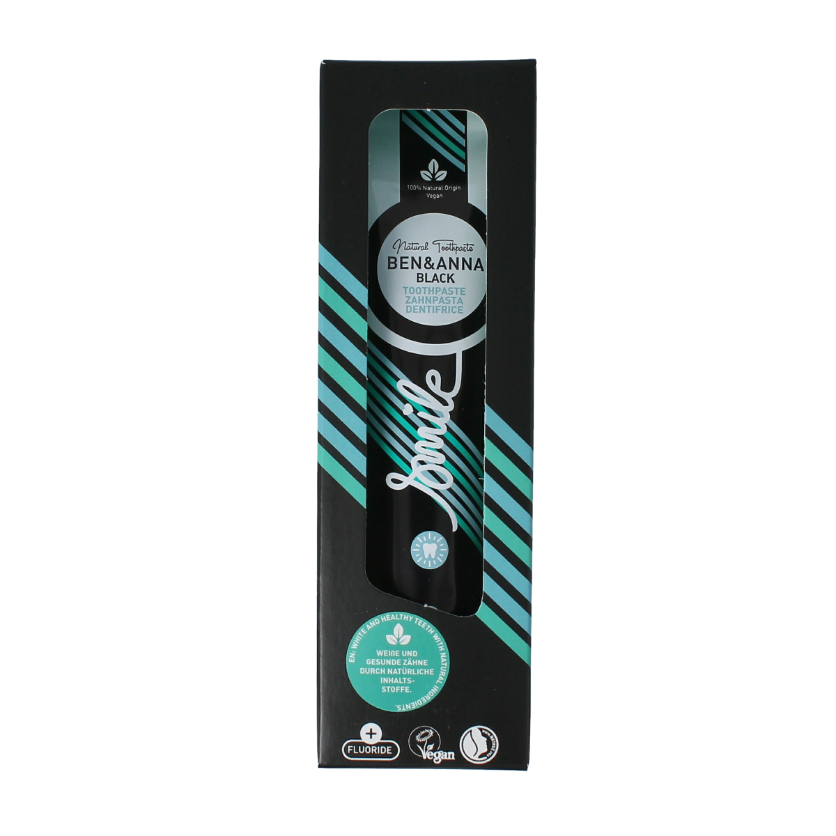 Ben & Anna Smile Black toothpaste in 75ml tube with black packaging, featuring natural ingredients for oral care.
