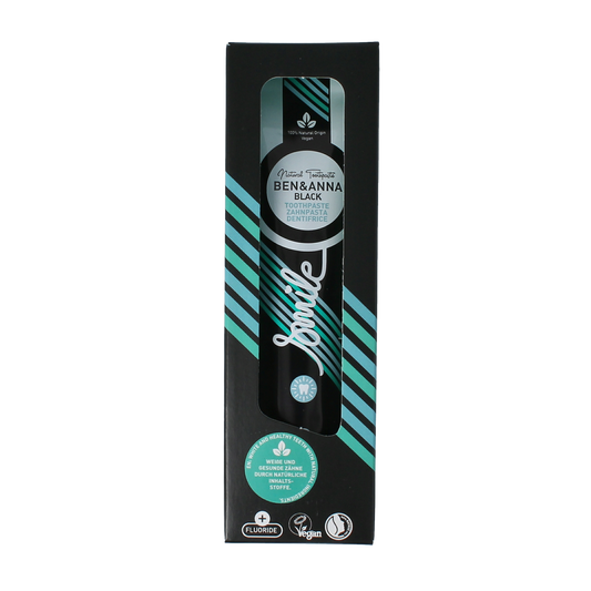 Ben & Anna Smile Black toothpaste in 75ml tube with black packaging, featuring natural ingredients for oral care.