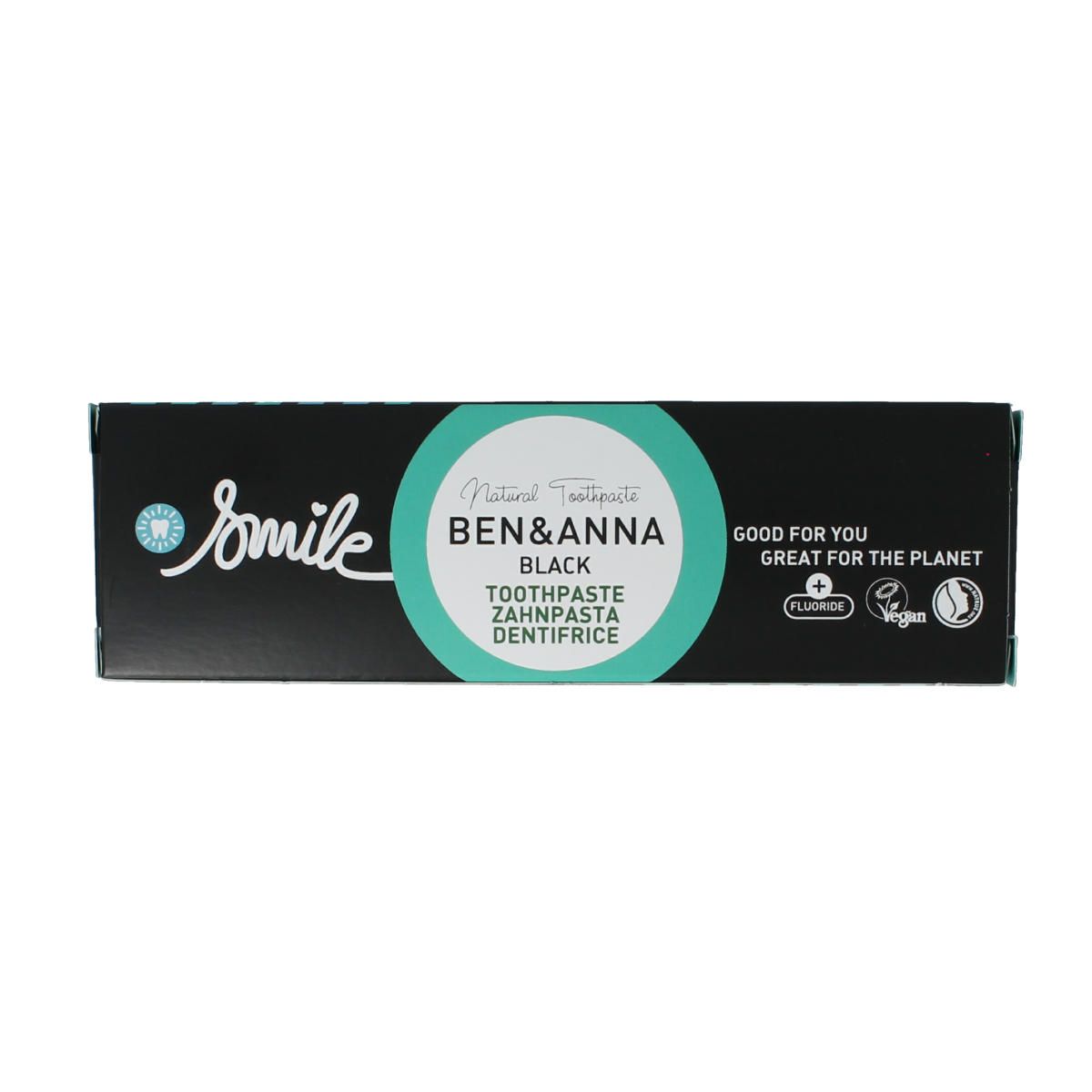 Ben & Anna Smile Black toothpaste in 75ml tube, natural oral care product with charcoal-based whitening for healthy teeth.
