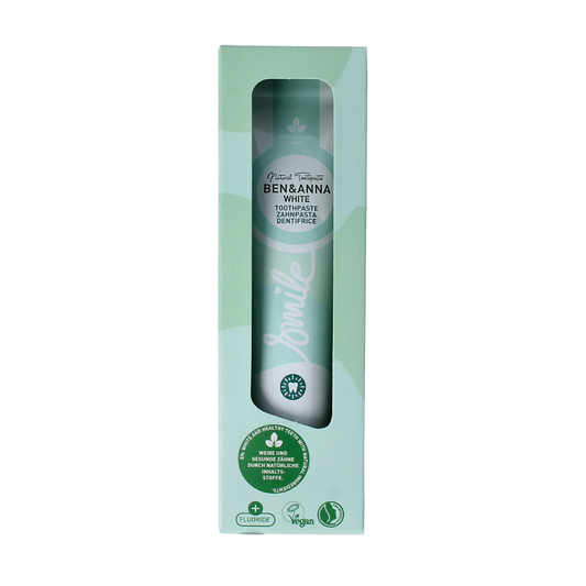 Ben & Anna Smile White toothpaste tube, 75ml, natural toothpaste for brightening teeth, featuring eco-friendly packaging.