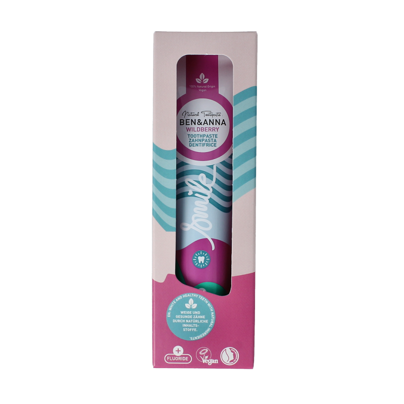 Ben & Anna Smile Wildberry toothpaste tube, 75ml, with vibrant packaging and natural ingredients for freshening teeth.