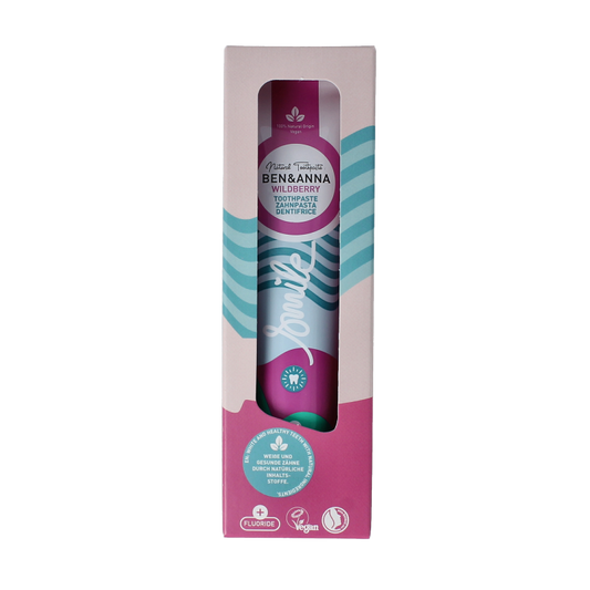 Ben & Anna Smile Wildberry toothpaste tube, 75ml, with vibrant packaging and natural ingredients for freshening teeth.