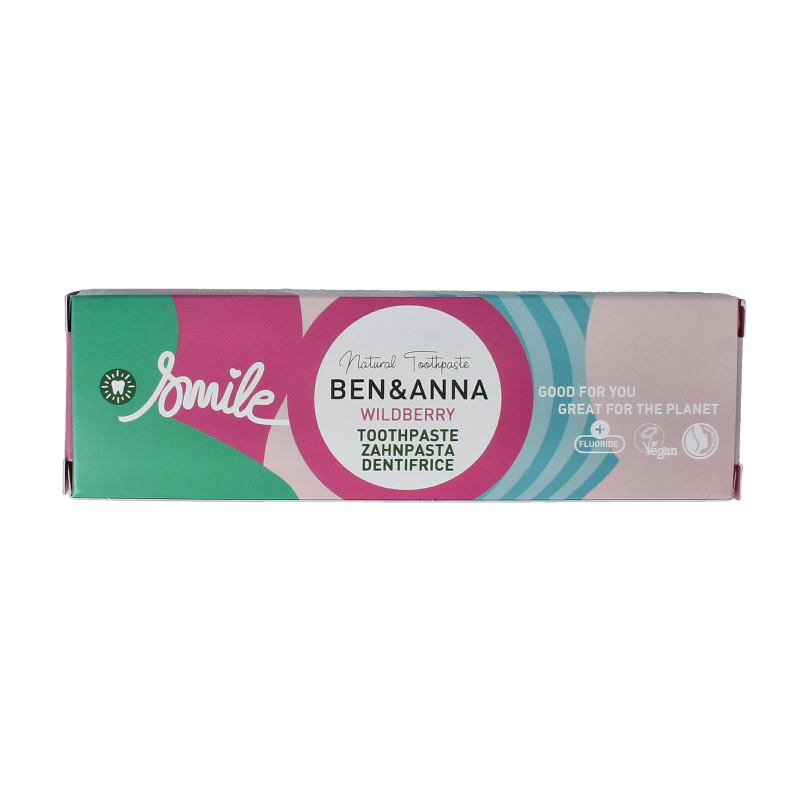 Ben & Anna Smile Wildberry toothpaste 75ml tube with colorful packaging and a white cap, designed for natural oral care.