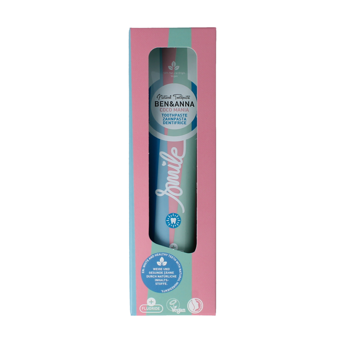 Ben & Anna Smile Coco Mania toothpaste in a 75ml tube, featuring a coconut-flavored natural toothpaste for fresh breath.