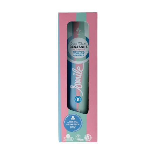 Ben & Anna Smile Coco Mania toothpaste in a 75ml tube, featuring a coconut-flavored natural toothpaste for fresh breath.