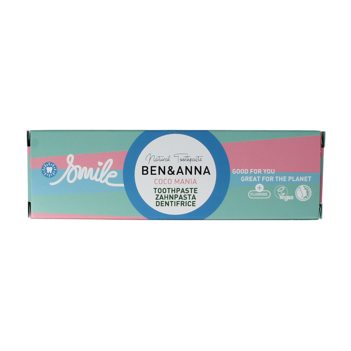 Ben & Anna smile coco mania toothpaste in 75ml tube, featuring natural ingredients and coconut flavor for fresh breath.