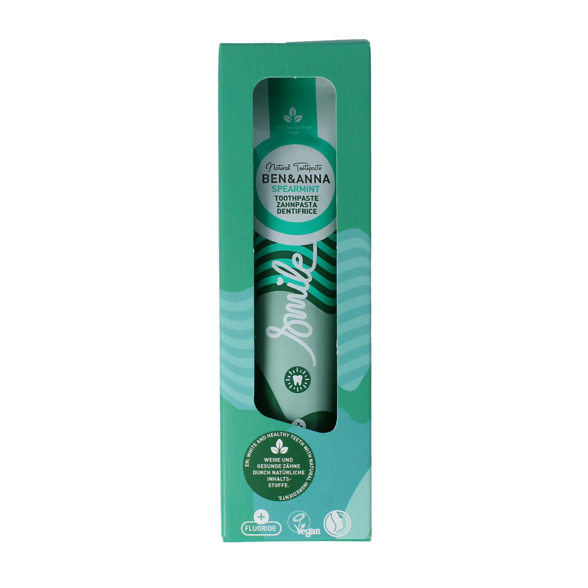 Ben & Anna Smile Spearmint toothpaste tube, 75ml, with green and white packaging and spearmint flavor branding.