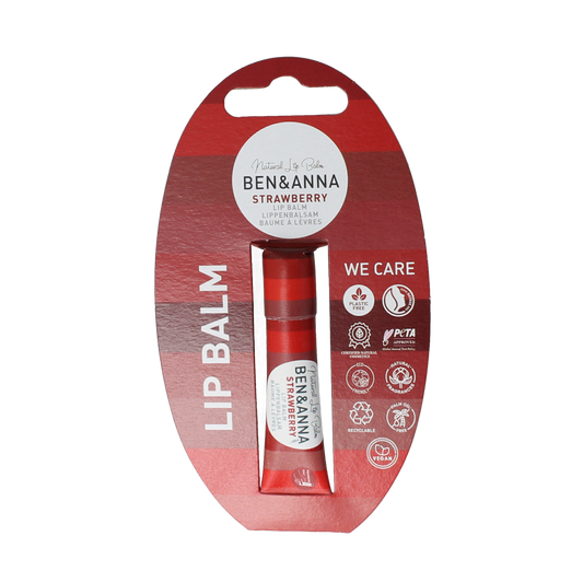 Ben & Anna strawberry lip balm in 9g container, natural lip care product with a fruity strawberry scent and nourishing formula.