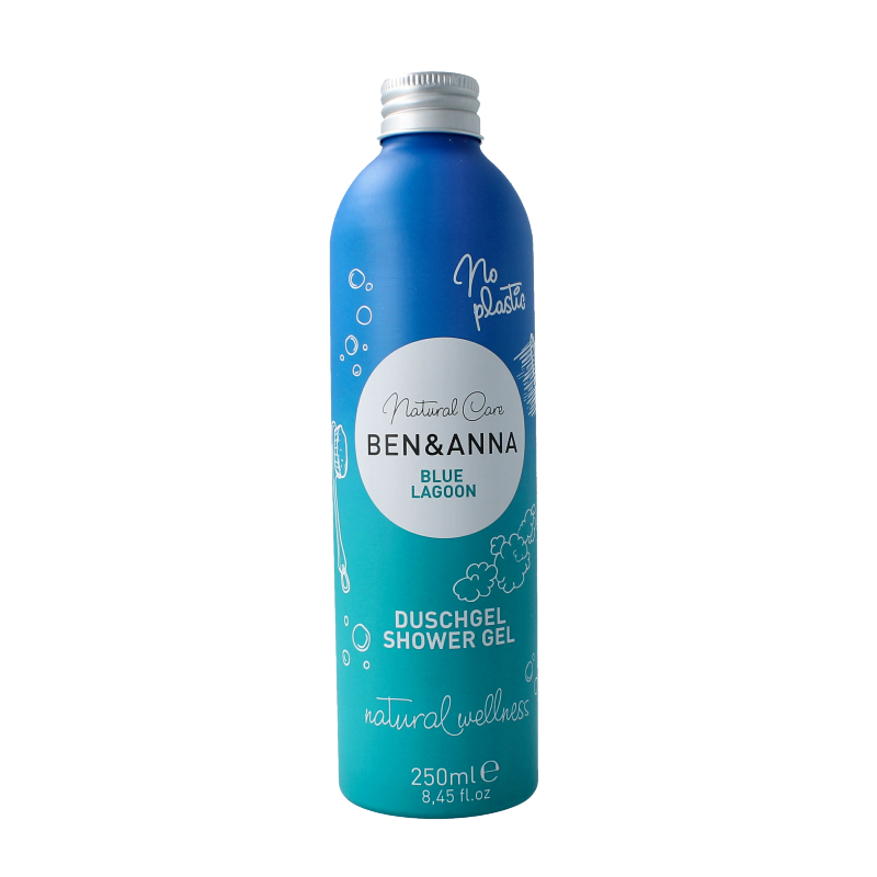 Ben & Anna Blue Lagoon shower gel in 250ml bottle, natural bad en douche product with blue lagoon scent and packaging.