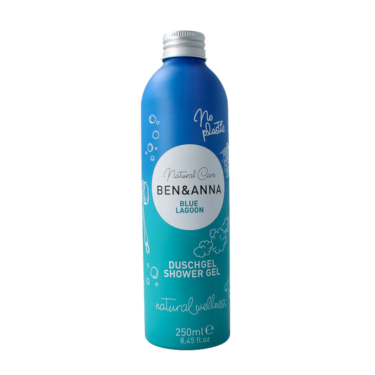 Ben & Anna Blue Lagoon shower gel in 250ml bottle, natural bad en douche product with blue lagoon scent and packaging.