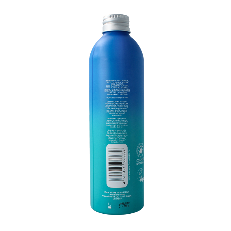 Ben & Anna Blue Lagoon shower gel in 250ml bottle, natural bathroom product with refreshing blue lagoon scent and clean design.