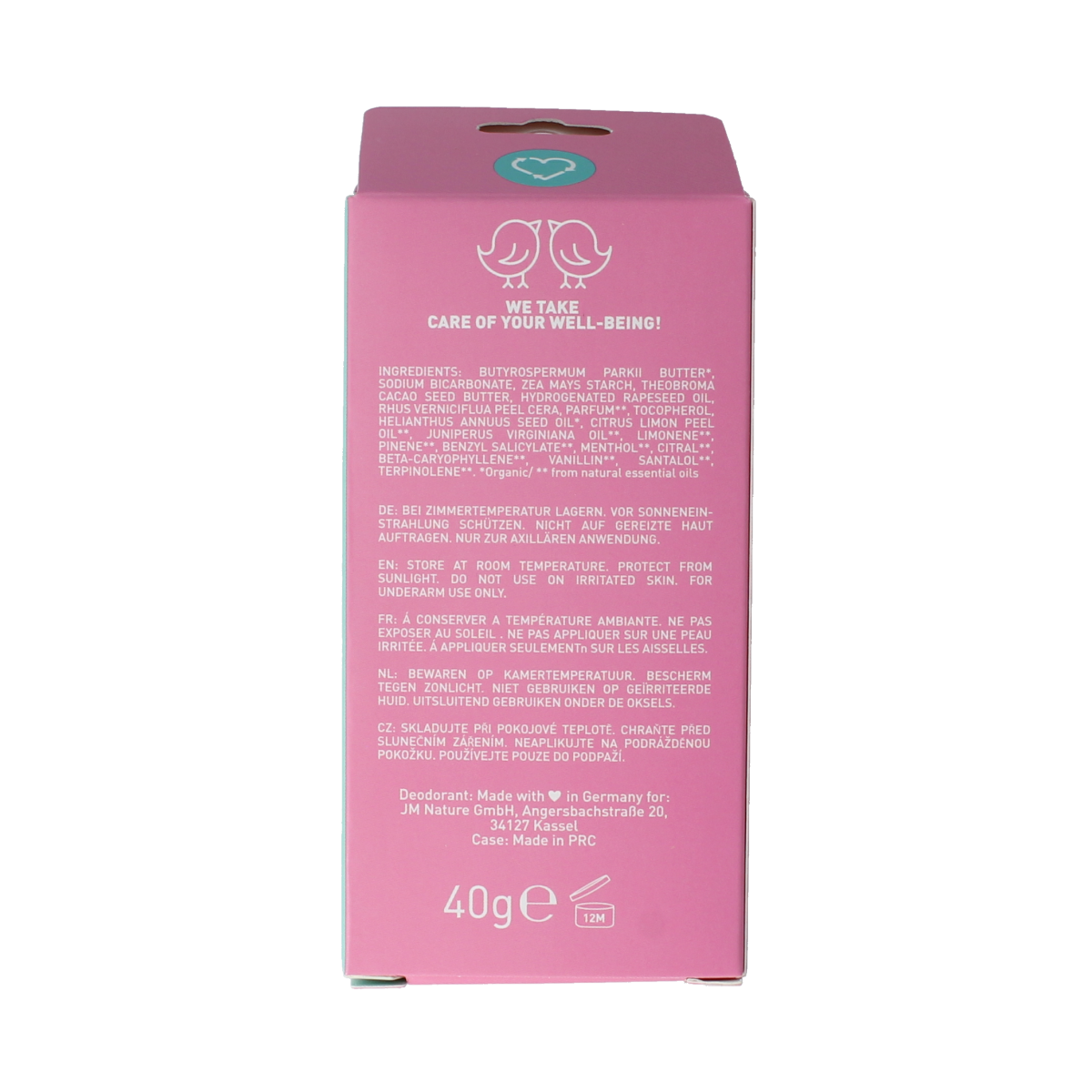 Ben & Anna Love Me case with 40g refill of natural deodorant stick showing the sleek packaging and product details.
