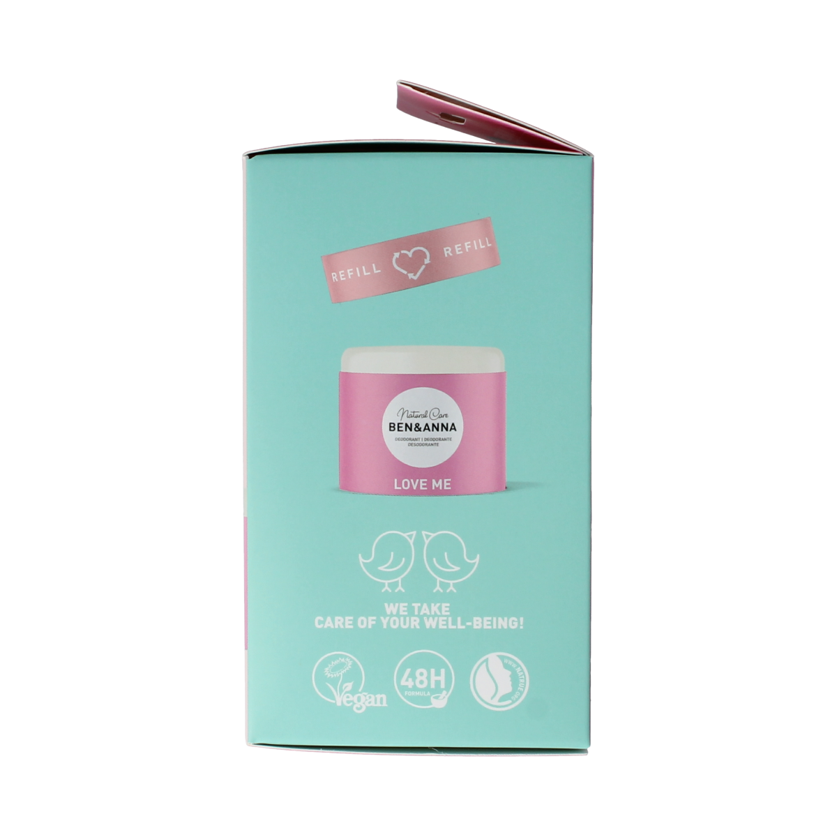 Ben & Anna Love Me deodorant stick in 40g case and refill, natural aluminum-free deodorant with floral scent.