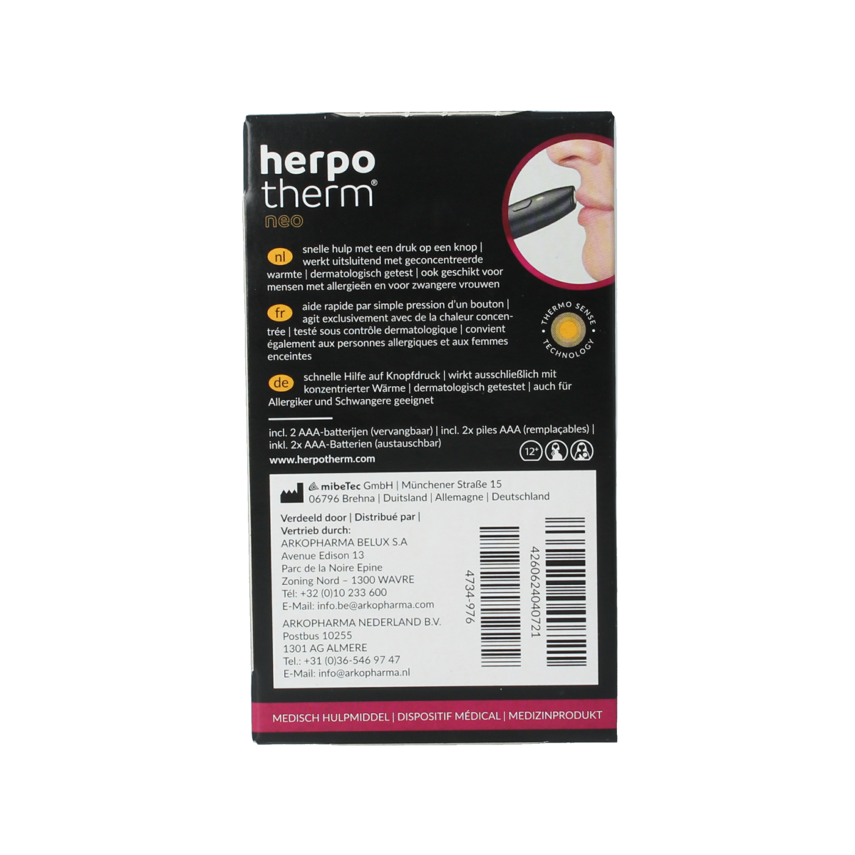 Arkopharma Herpotherm Neo lip care product in a box, designed for soothing and protecting lips from cold sores.