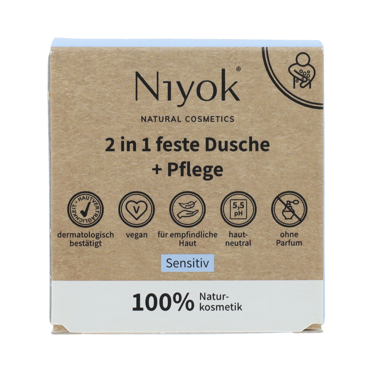 Niyok 2 in 1 shower gel and soap bar for sensitive skin, 80g, in a white and green packaging with a shower illustration