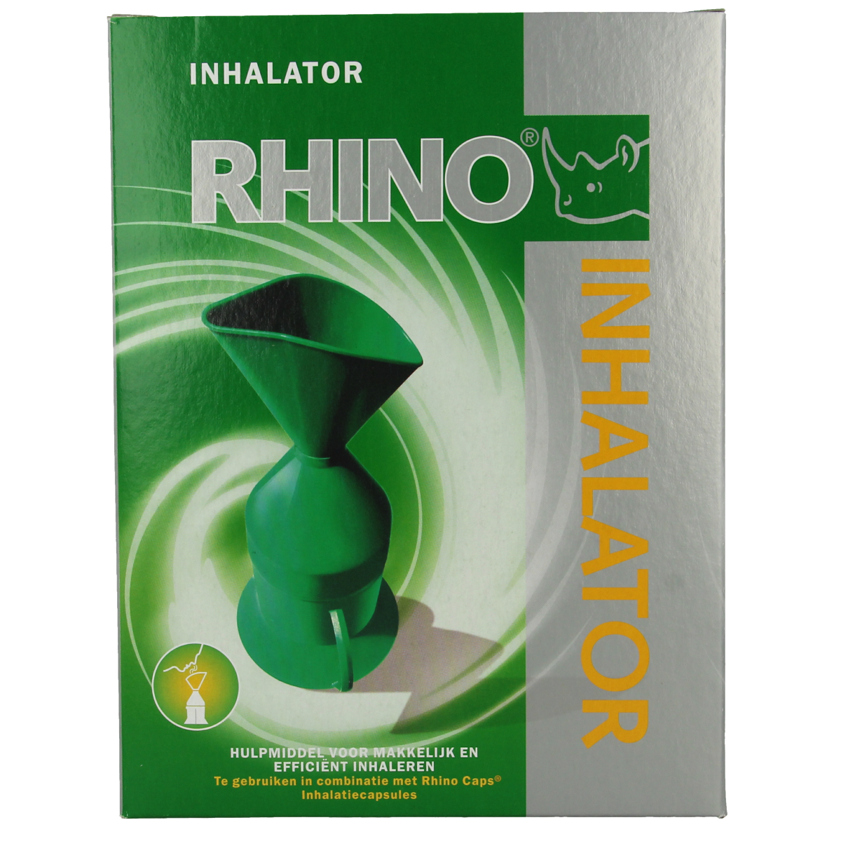 Rhino inhalator for nasal care and inhalation, showing a close-up of the nasal spray device with packaging.