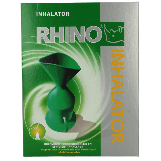 Rhino inhalator for nasal care and inhalation, showing a close-up of the nasal spray device with packaging.