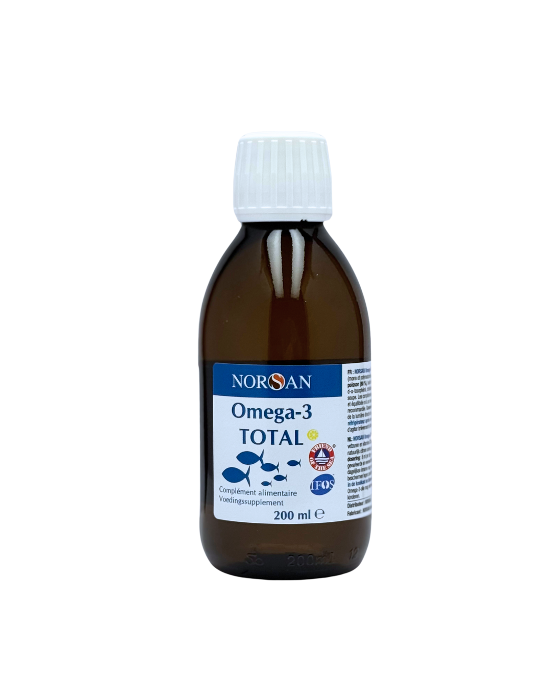 NORSAN Omega-3 Total visolie citroen in 200ml bottle, high-quality fish oil rich in omega-3 fatty acids with lemon flavor.