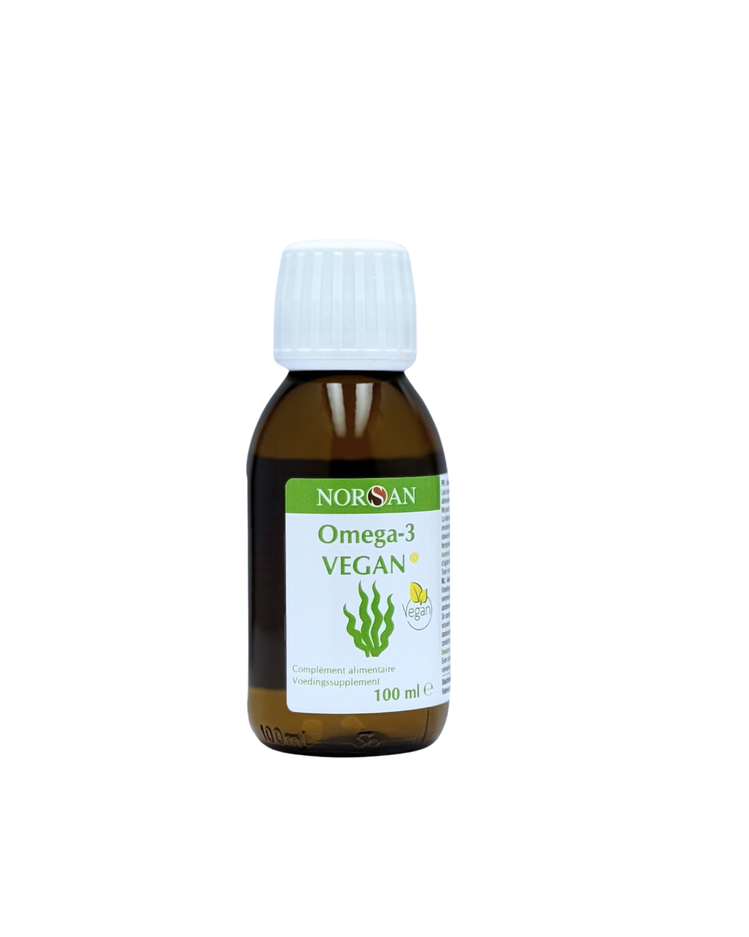 NORSAN Omega-3 vegan oil bottle, 100ml, liquid supplement with plant-based omega fatty acids, in a clear plastic container.