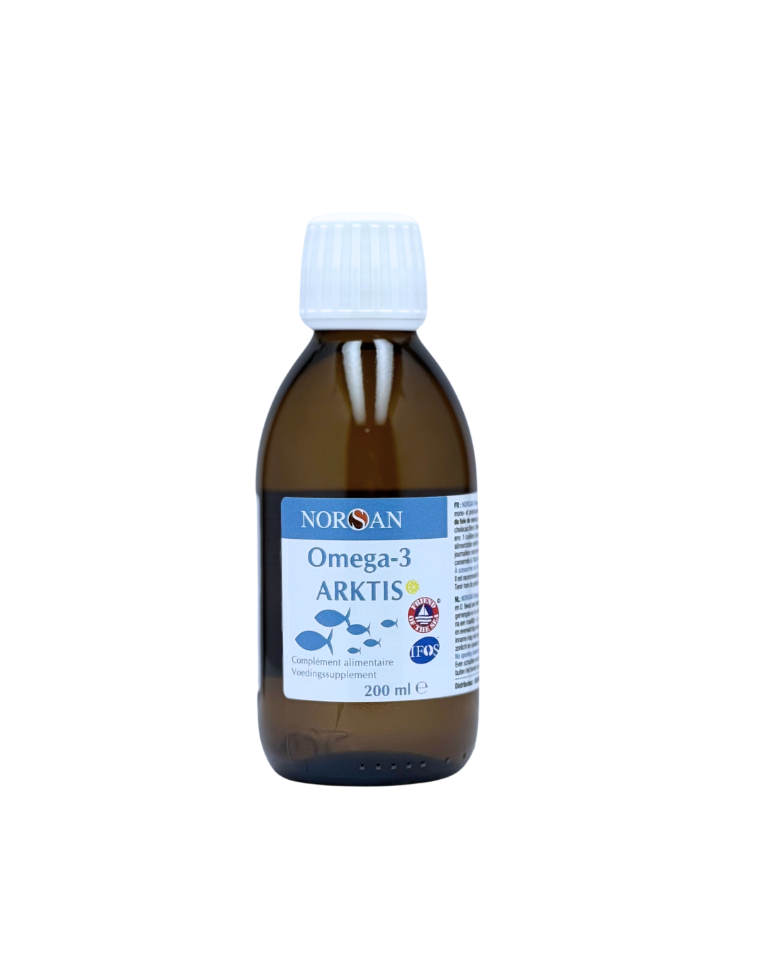 NORSAN Omega-3 Arktis natuurlijke levertraan in 200ml bottle, rich in omega-3 fatty acids, for supporting overall health.