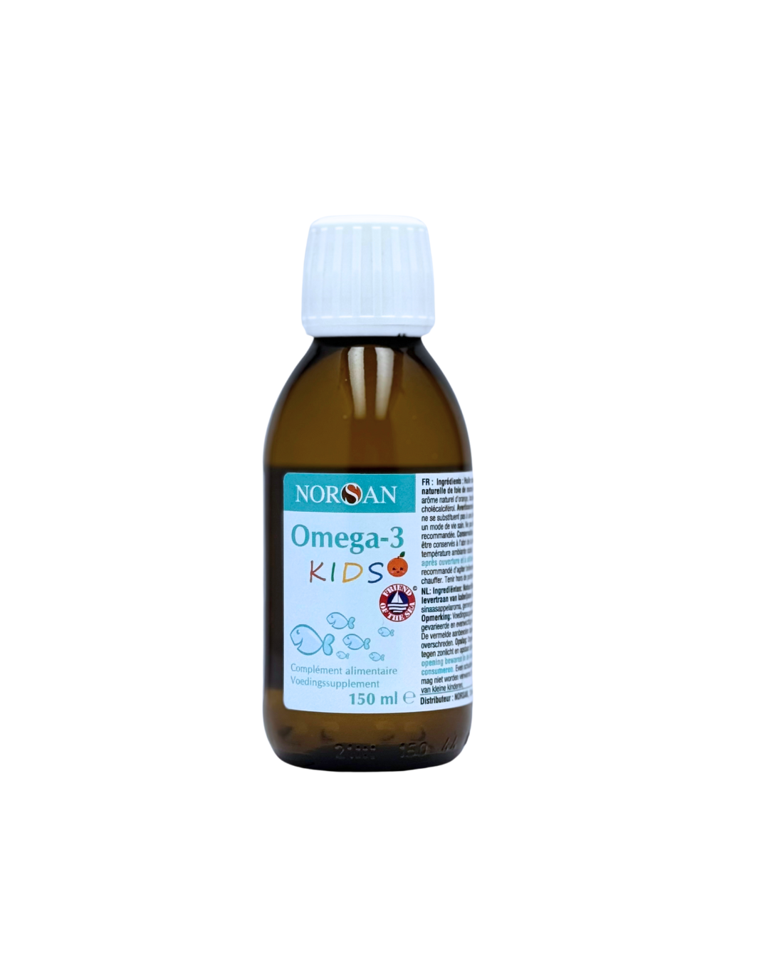NORSAN Omega-3 kids visolie bottle, 150ml, featuring a colorful label and a dropper for easy dispensing of fish oil supplement.
