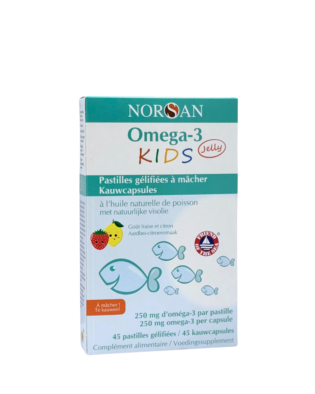 NORSAN Omega-3 kids jelly gummies in a transparent jar, showing colorful fish-shaped vitamin supplements for children.