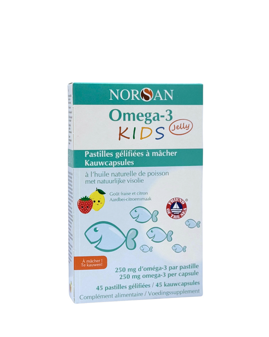 NORSAN Omega-3 kids jelly gummies in a transparent jar, showing colorful fish-shaped vitamin supplements for children.