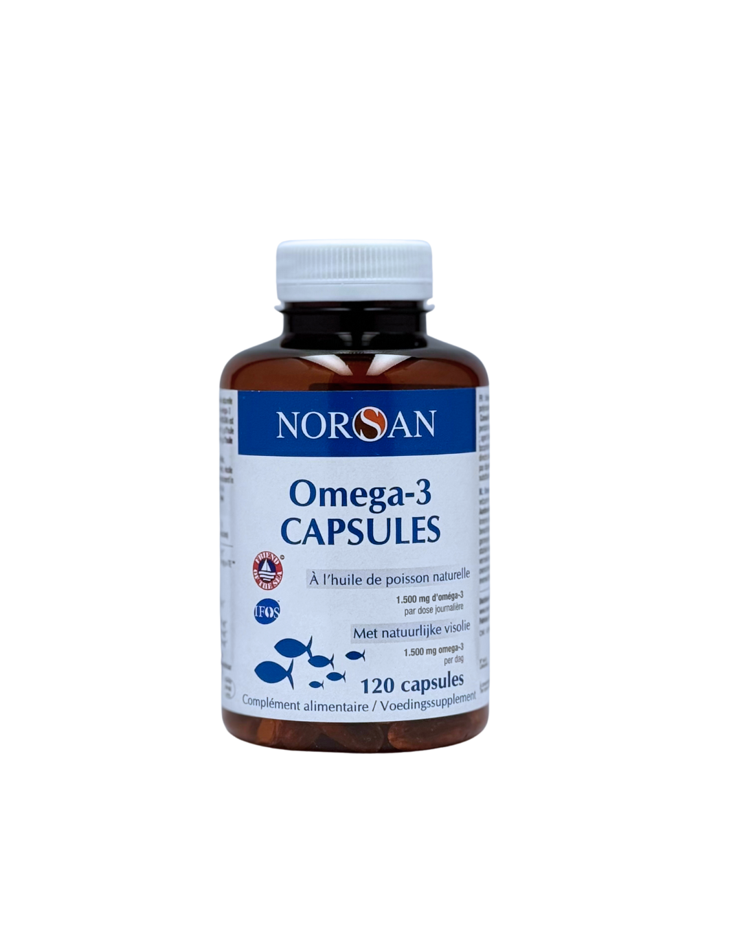 NORSAN Omega-3 capsules, 120-count bottle, softgel supplements for healthy skin and heart, featuring high-quality omega-3 fatty acids.