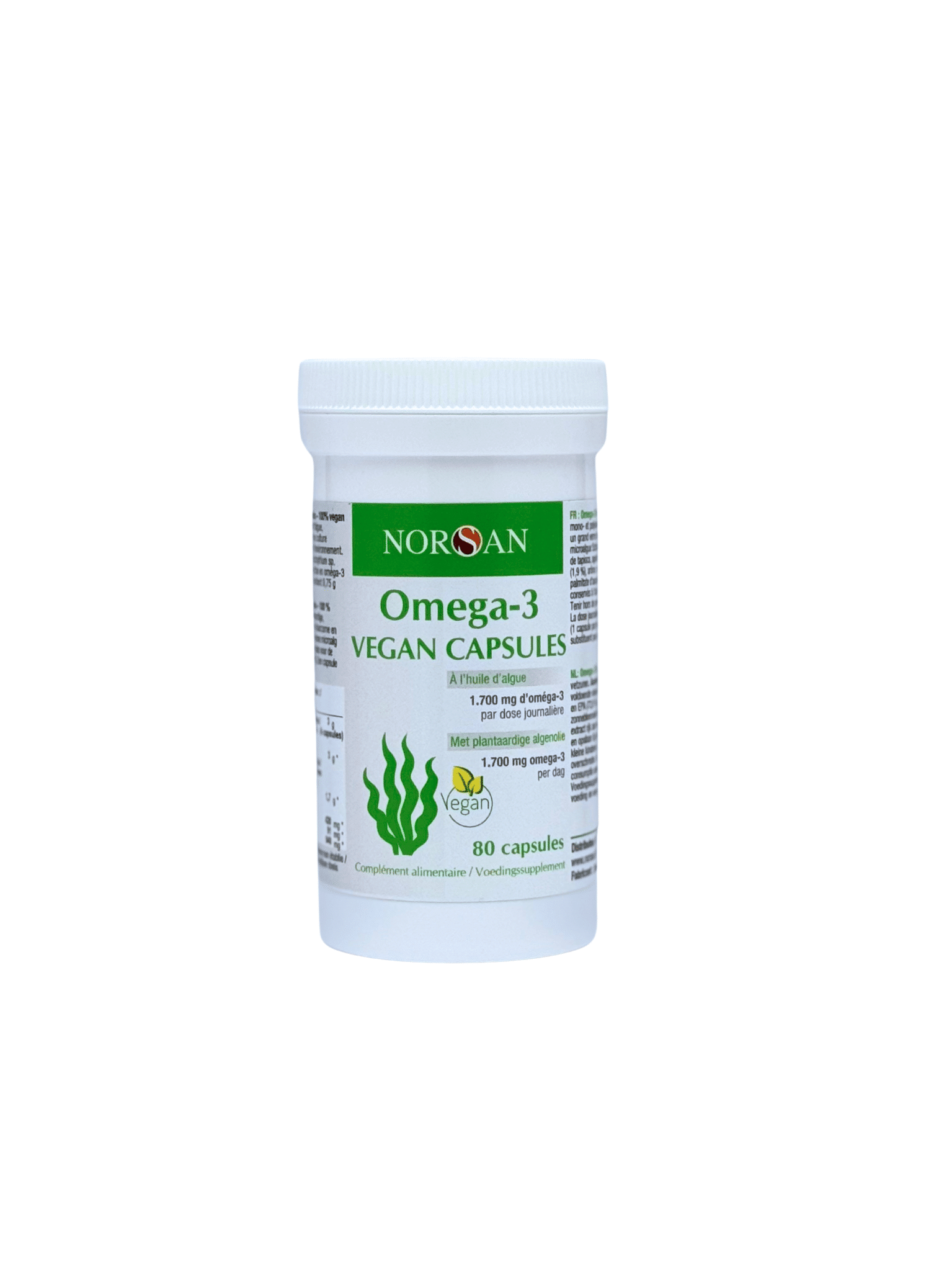 NORSAN Omega-3 vegan Vetzuren capsules in a bottle, featuring 80 softgel capsules for plant-based omega-3 fatty acids.