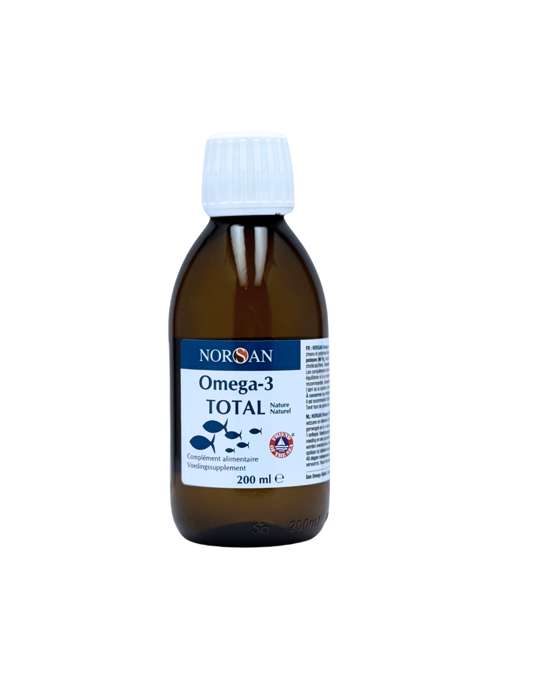 NORSAN Omega-3 Total visolie naturel in 200ml bottle, rich source of healthy fatty acids, with a clear label and natural oil appearance.