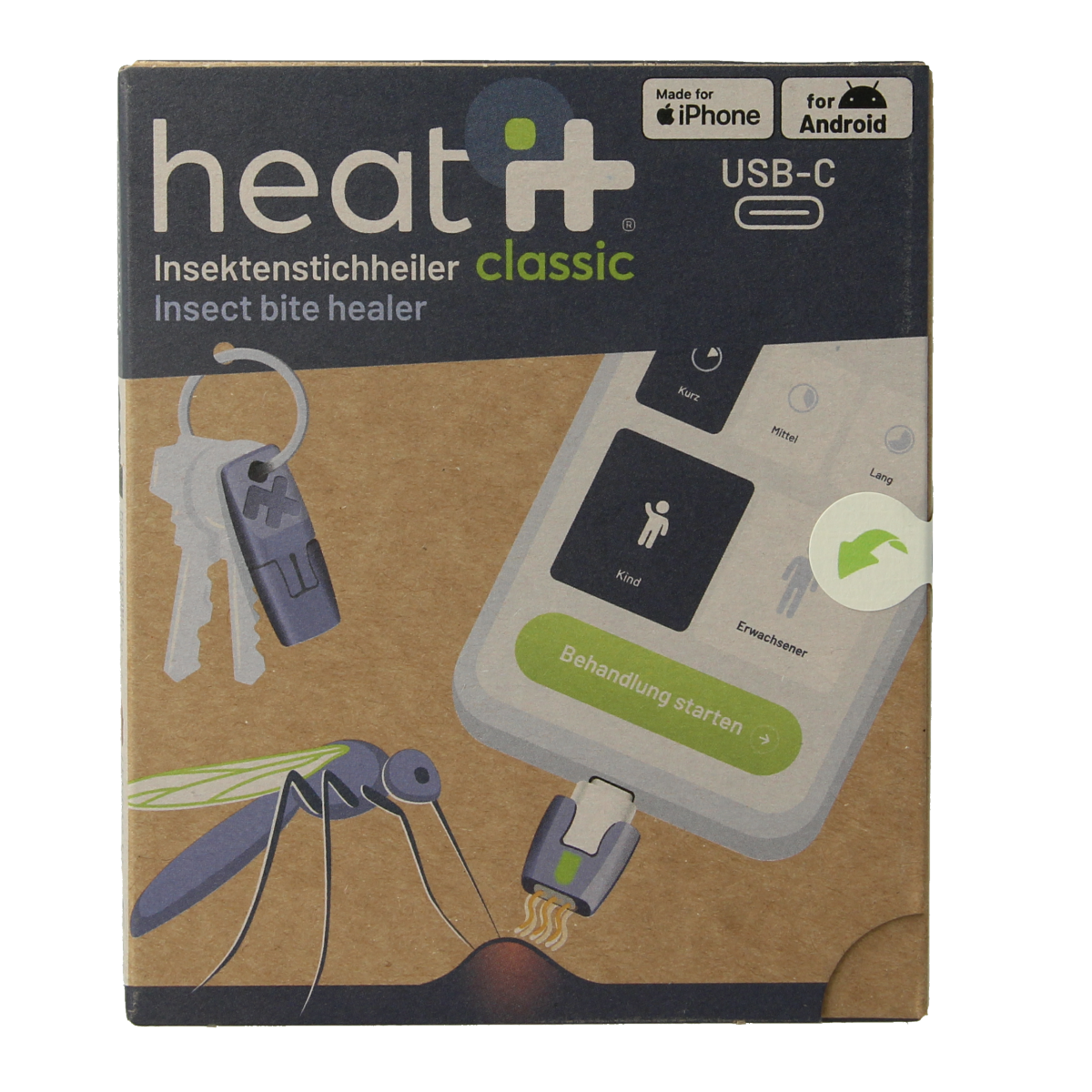 Heat-it insect bite healer classic USB-C device used for soothing insect bites, with a sleek compact design.