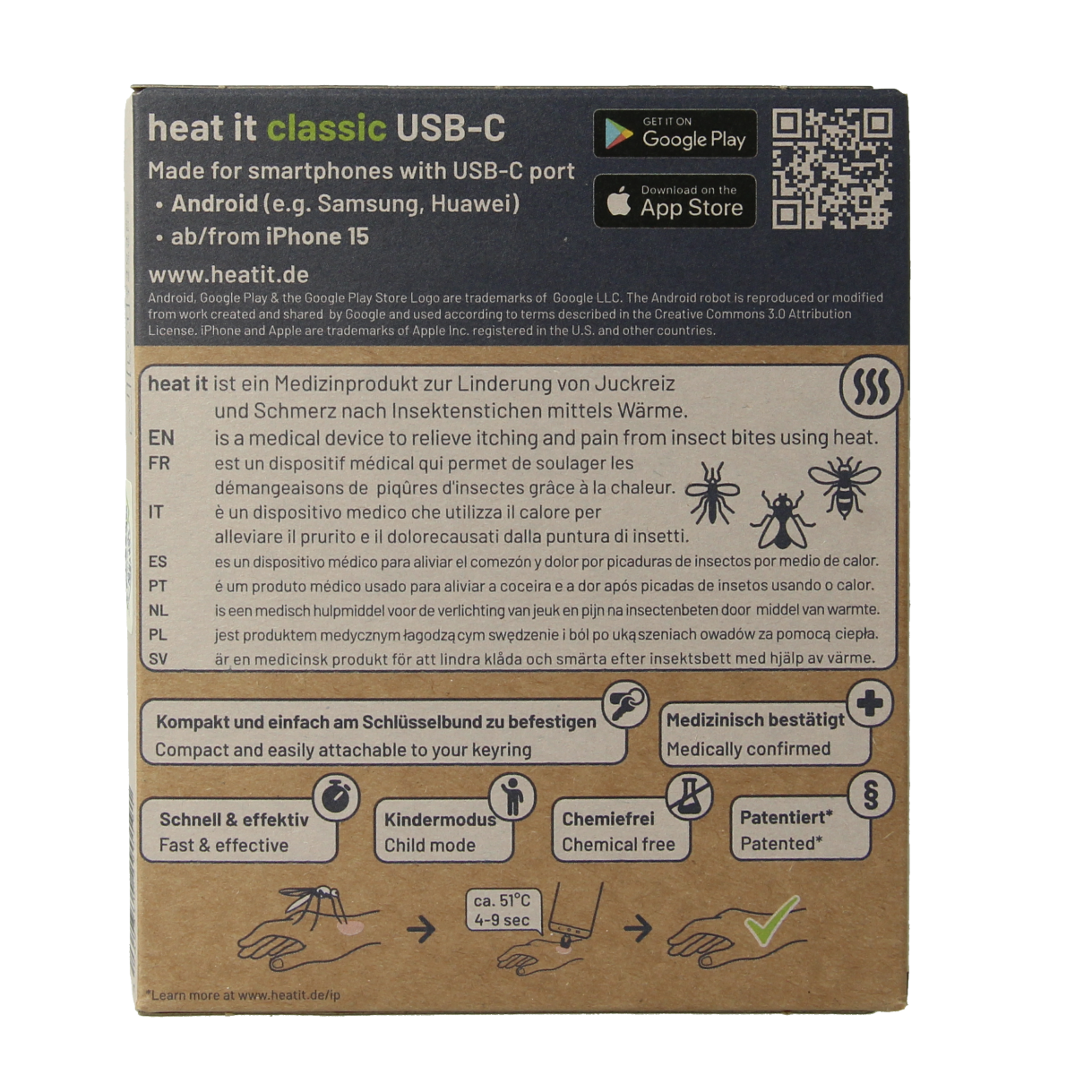 Heat-it Insect Bite Healer Classic USB-C device for soothing insect bites, shown in black with USB-C connection.